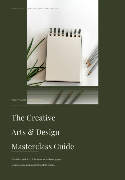Creative Arts & Design Masterclass Guide with notebook and pencils for artistic learning
