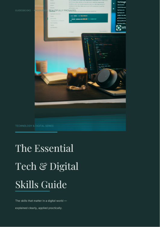 Tech & Digital Skills Guide with laptop, code, and coffee on desk for digital learning