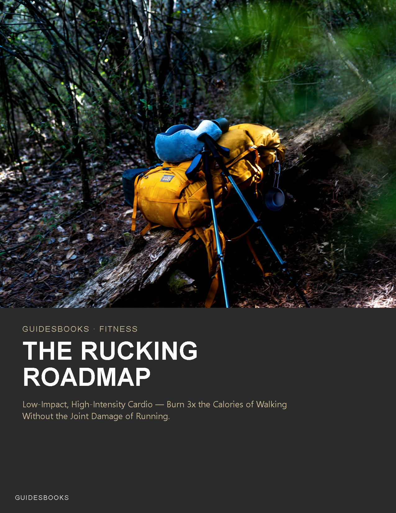 Yellow hiking backpack with trekking poles in forest, promoting low-impact cardio fitness guide